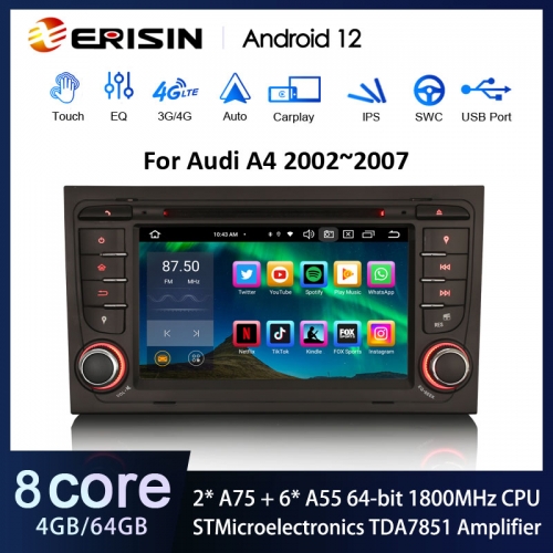 Erisin ES8578A 7" Android 12.0 Car DVD Stereo For Audi A4 DSP CarPlay & Auto 4G LTE Slot IPS BT5.0 TDA7851 GPS