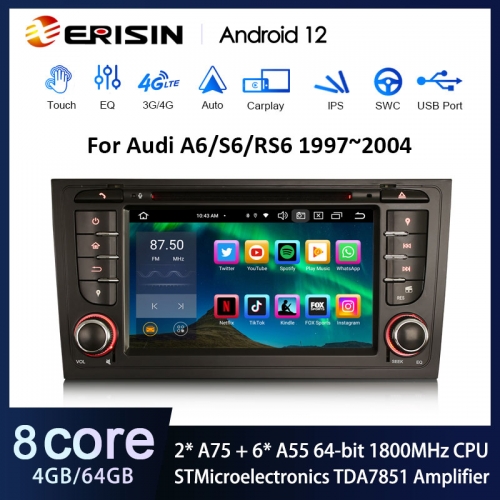 Erisin ES8506A IPS Android 12 DAB+ Autoradio GPS Wireless CarPlay Car DVD SWC DTV DSP For Audi A6 S6 RS6 Audi Allroad Stereo